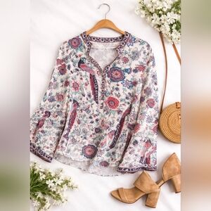 Boho Floral Bird Print Bell Sleeve Blouse Size XL/XXL-PTP 24.5